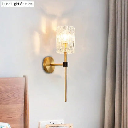 Minimalist brass crystal cylindrical wall sconce living room light
