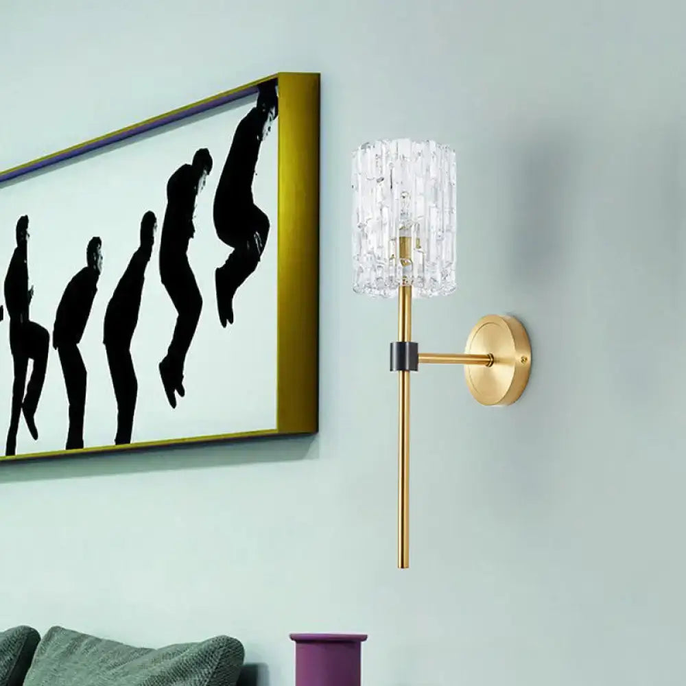 Minimalist brass crystal cylindrical wall sconce living room light