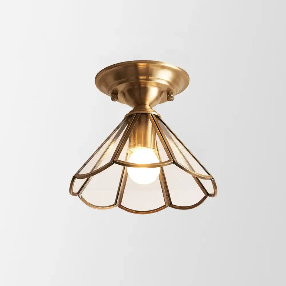 Minimalist brass scalloped single bulb flush mount bedroom light