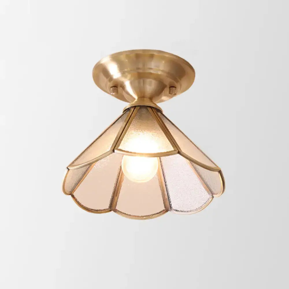 Minimalist brass scalloped single bulb flush mount bedroom light