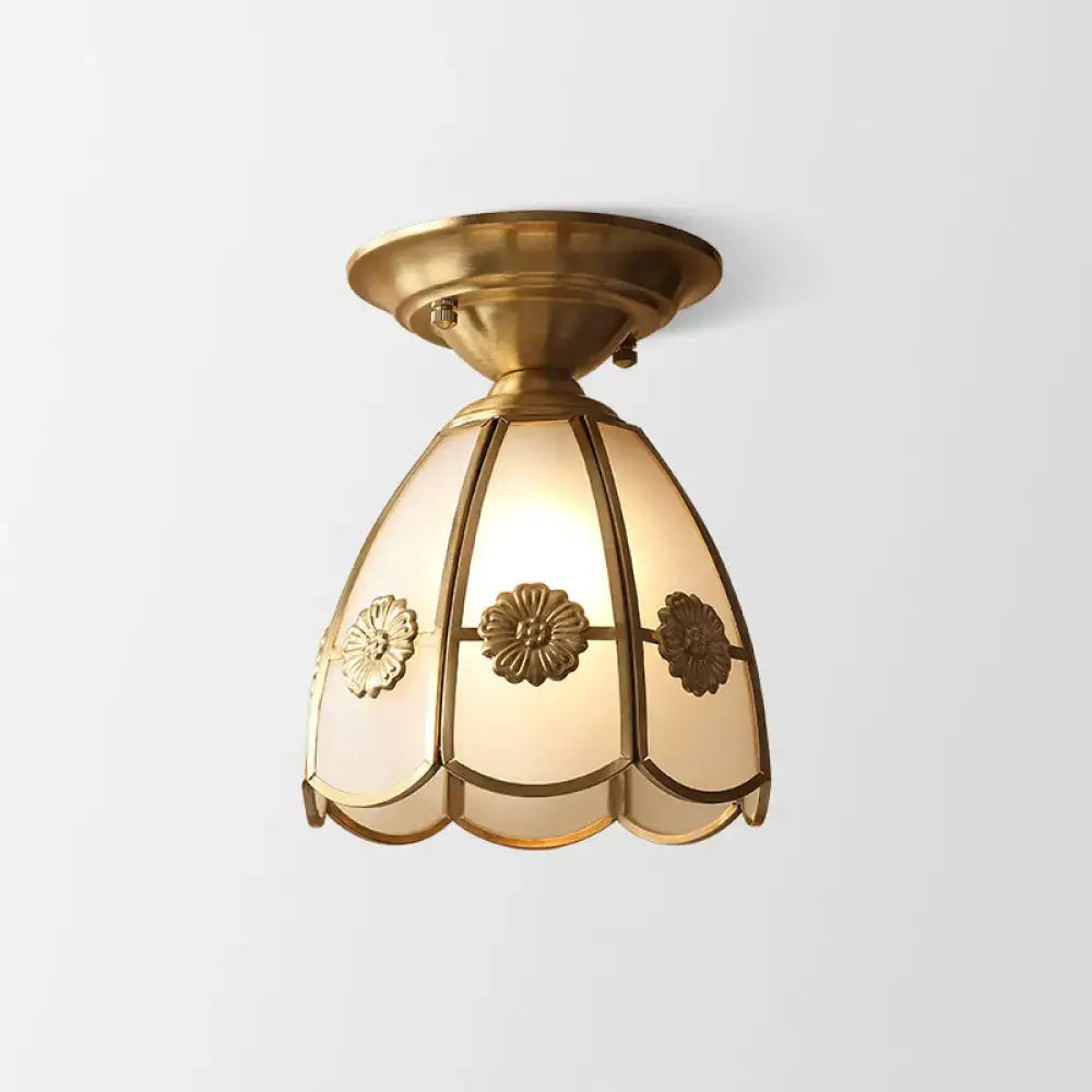Minimalist brass scalloped single bulb flush mount bedroom light