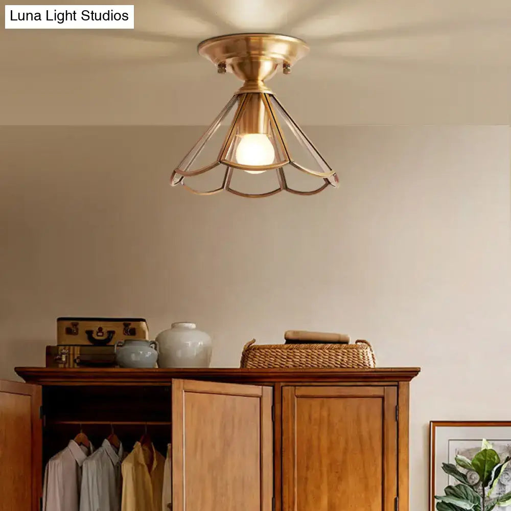 Minimalist brass scalloped single bulb flush mount bedroom light