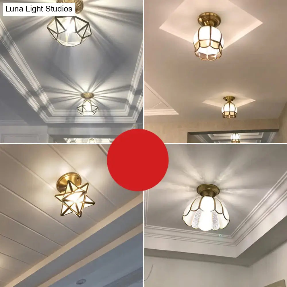 Minimalist brass scalloped single bulb flush mount bedroom light
