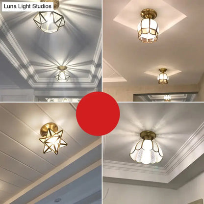 Minimalist brass scalloped single bulb flush mount bedroom light