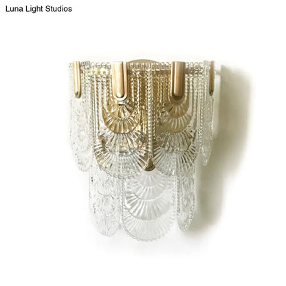 DecorBites™ Minimalist Brass Wall Light: Tiered Scalloped Crystal Fixture with 3 Bulbs