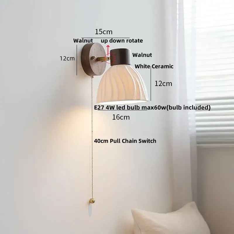 Minimalist ceramic walnut wood wall light bedroom reading lamp