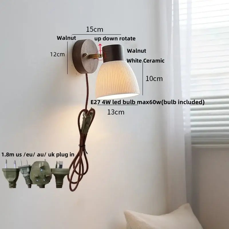 Minimalist ceramic walnut wood wall light bedroom reading lamp