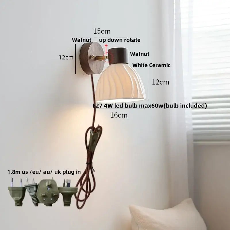 Minimalist ceramic walnut wood wall light bedroom reading lamp