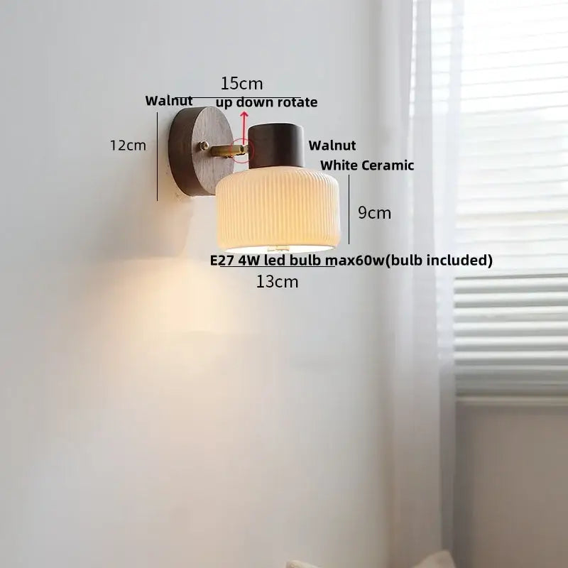 Minimalist ceramic walnut wood wall light bedroom reading lamp
