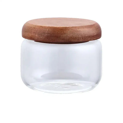 Minimalist clear glass kitchen storage jar with acacia wood lid