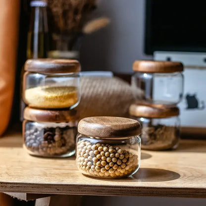 Minimalist clear glass kitchen storage jar with acacia wood lid