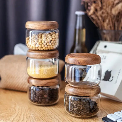 Minimalist clear glass kitchen storage jar with acacia wood lid