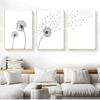 Minimalist dandelion canvas art set with gold frames for living room