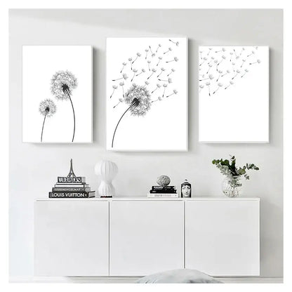Minimalist dandelion canvas art set with gold frames for living room
