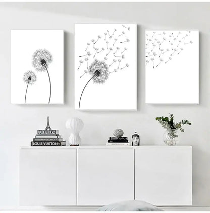 Minimalist dandelion canvas art set with gold frames for living room