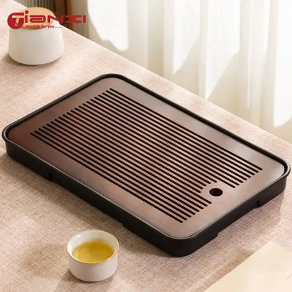 Minimalist dark brown and black bamboo tea tray dining room storage