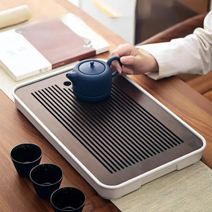 Minimalist dark brown and black bamboo tea tray dining room storage