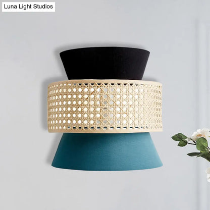 DecorBites™ Minimalist Dual Cone Wall Lamp with Fabric Shade | Black and Blue Sconce Lighting in Rattan Design