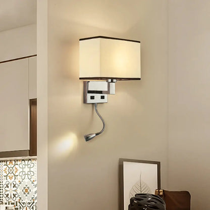 DecorBites™ Minimalist Fabric Cuboid Wall Light Kit - 1-Light White/Beige Spotlight Sconce Lamp with Charging Port
