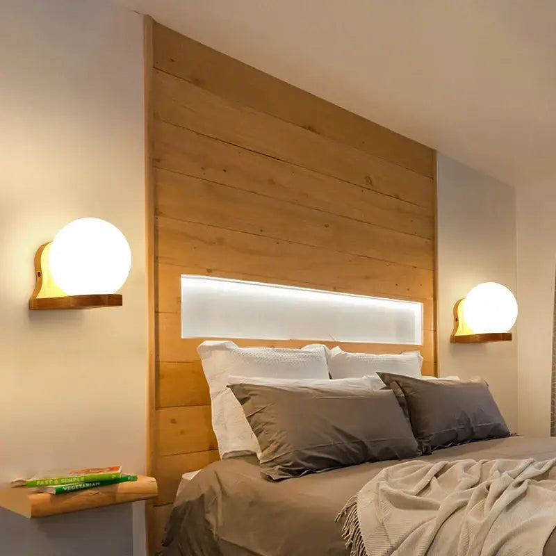 Minimalist frosted glass wooden wall lamp for bedroom with pull chain
