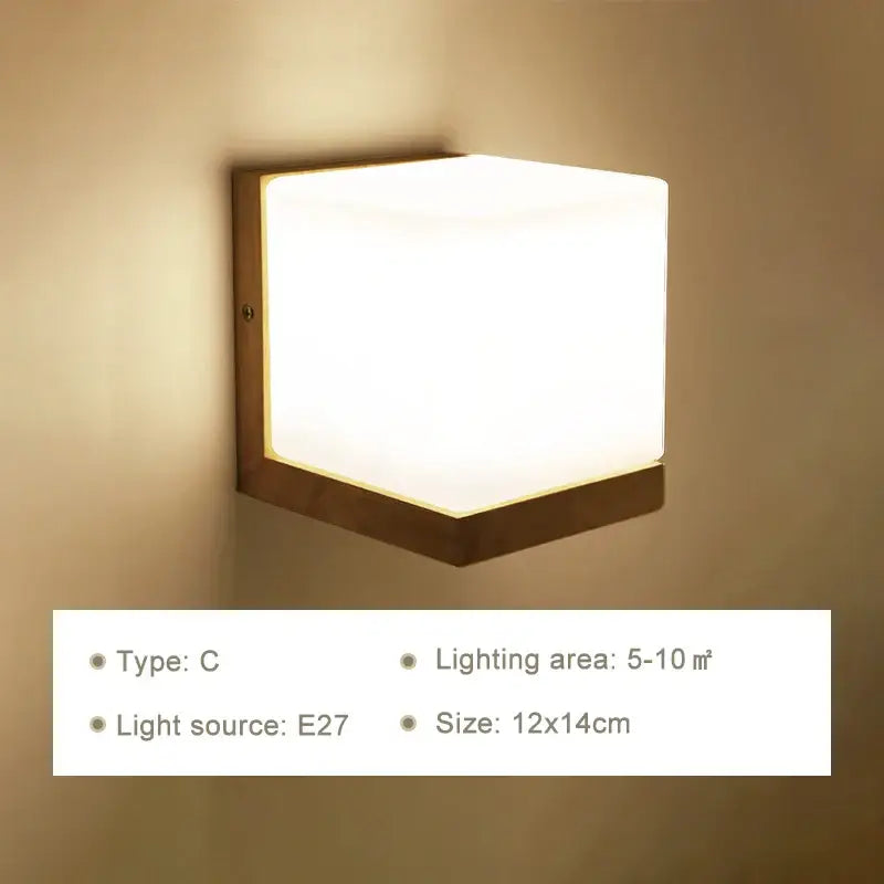 Minimalist frosted glass wooden wall lamp for bedroom with pull chain