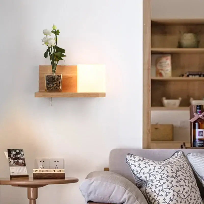 Minimalist frosted glass wooden wall lamp for bedroom with pull chain