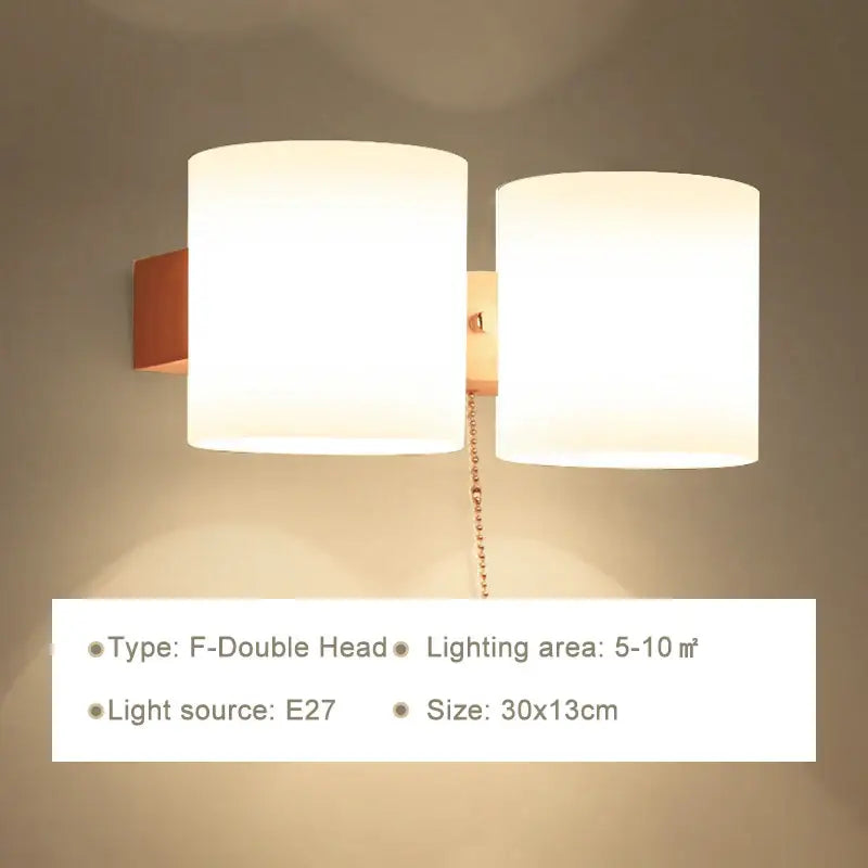 Minimalist frosted glass wooden wall lamp for bedroom with pull chain
