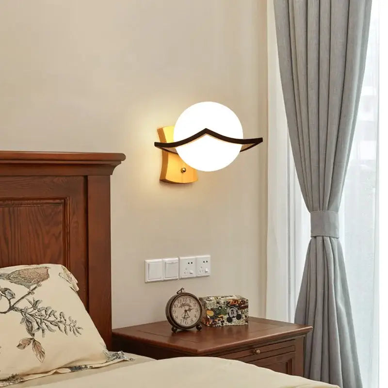 Minimalist frosted glass wooden wall lamp for bedroom with pull chain