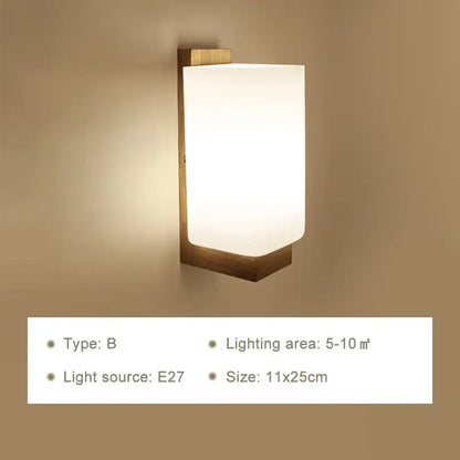 Minimalist frosted glass wooden wall lamp for bedroom with pull chain