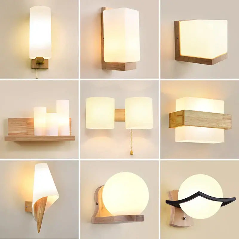 Minimalist frosted glass wooden wall lamp for bedroom with pull chain