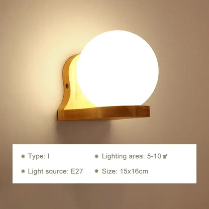Minimalist frosted glass wooden wall lamp for bedroom with pull chain