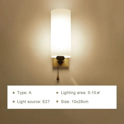 Minimalist frosted glass wooden wall lamp for bedroom with pull chain
