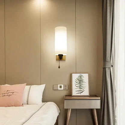 Minimalist frosted glass wooden wall lamp for bedroom with pull chain