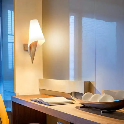 Minimalist frosted glass wooden wall lamp for bedroom with pull chain