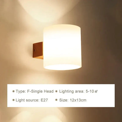 Minimalist frosted glass wooden wall lamp for bedroom with pull chain