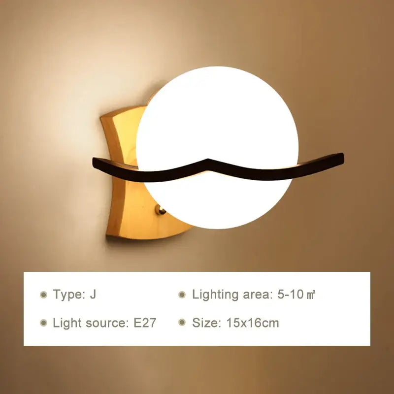 Minimalist frosted glass wooden wall lamp for bedroom with pull chain