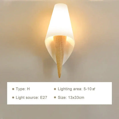 Minimalist frosted glass wooden wall lamp for bedroom with pull chain