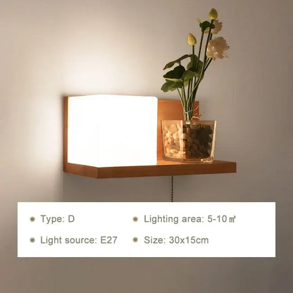 Minimalist frosted glass wooden wall lamp for bedroom with pull chain