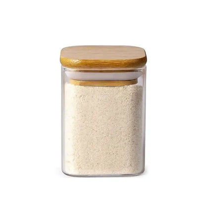 Minimalist glass jar with bamboo lid and labels – kitchen storage