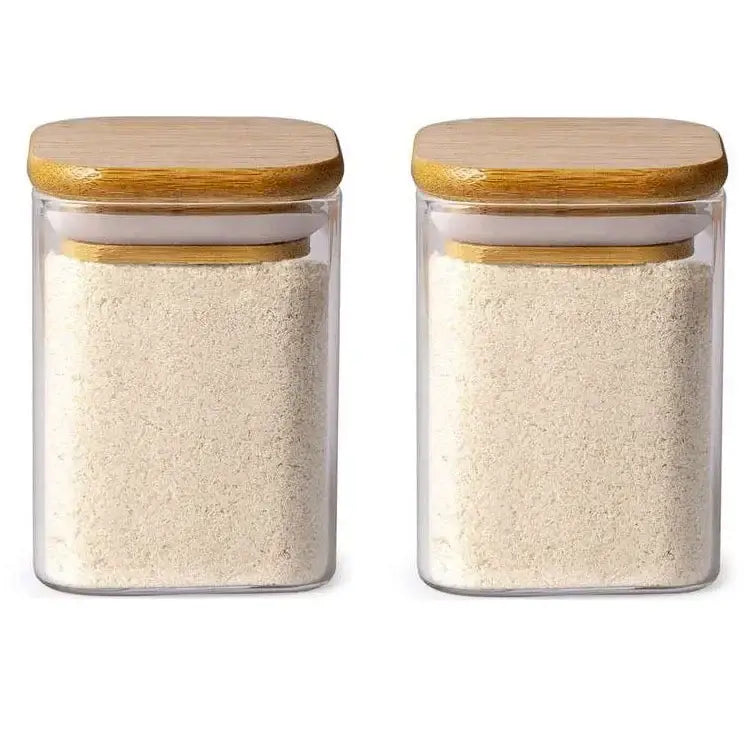 Minimalist glass jar with bamboo lid and labels – kitchen storage