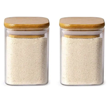 Minimalist glass jar with bamboo lid and labels – kitchen storage