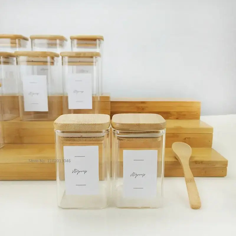 Minimalist glass jar with bamboo lid and labels – kitchen storage