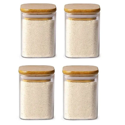 Minimalist glass jar with bamboo lid and labels – kitchen storage