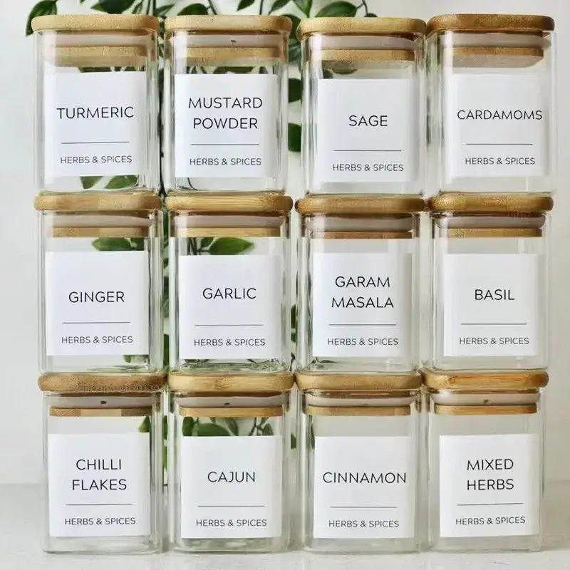 Minimalist glass jar with bamboo lid and labels – kitchen storage