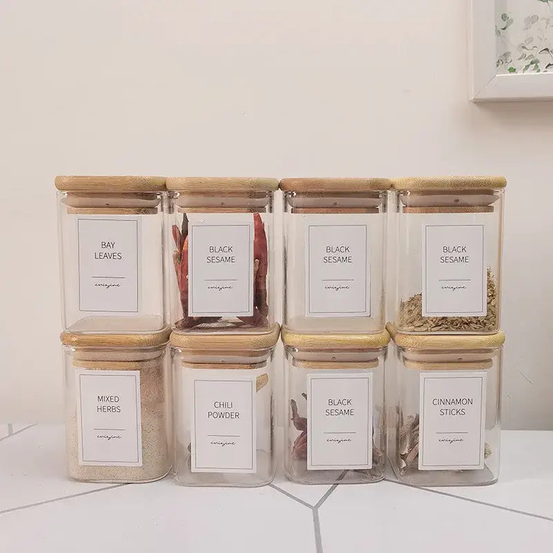 Minimalist glass jar with bamboo lid and labels – kitchen storage