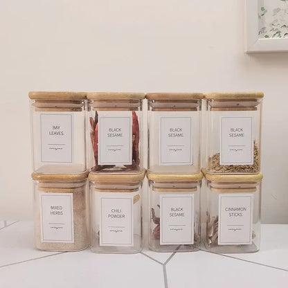 Minimalist glass jar with bamboo lid and labels – kitchen storage