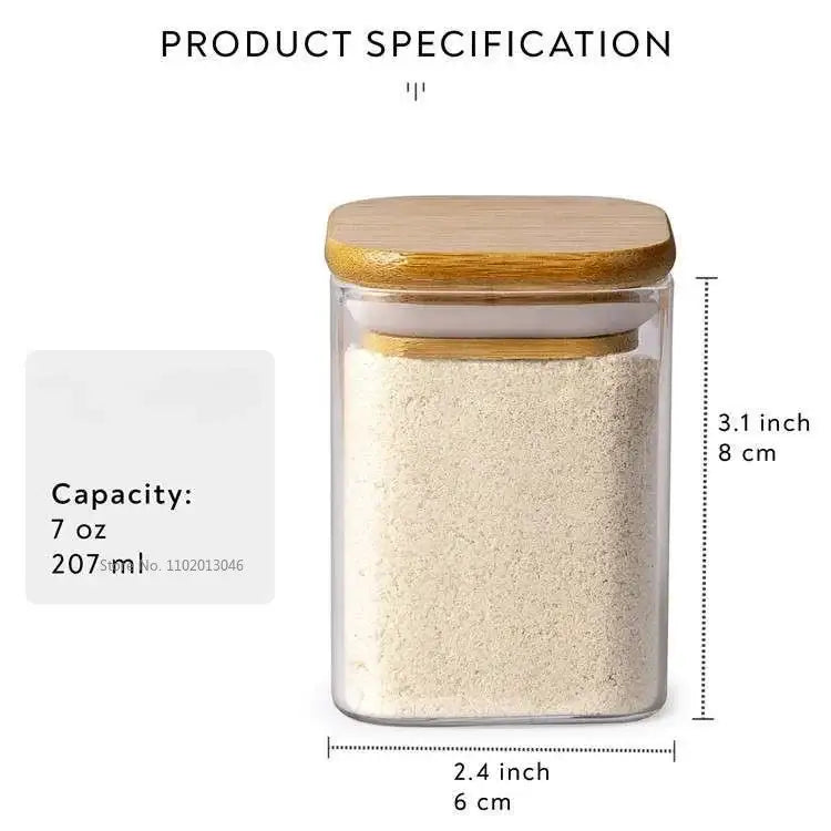 Minimalist glass jar with bamboo lid and labels – kitchen storage