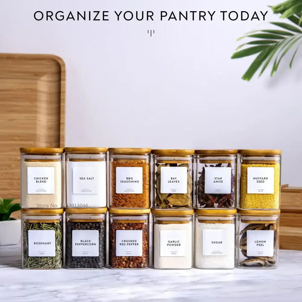 Minimalist glass jar with bamboo lid and labels – kitchen storage
