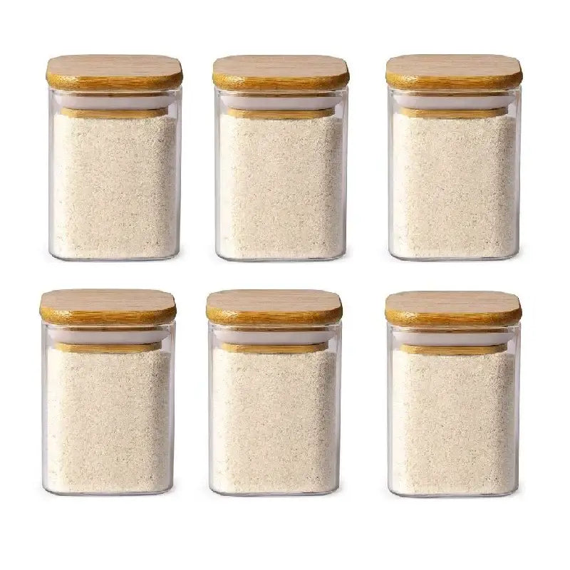 Minimalist glass jar with bamboo lid and labels – kitchen storage