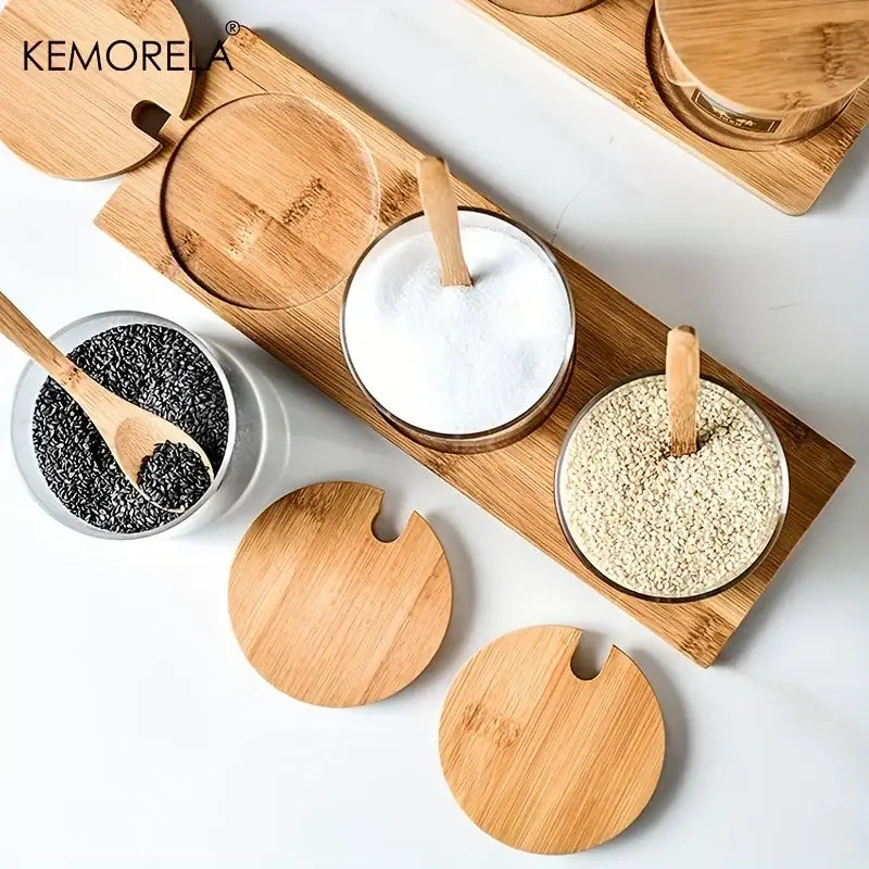 Minimalist glass spice jar set with bamboo lids – kitchen organizer